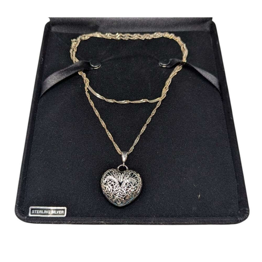 925 Italy Sterling Silver Filigree Heart Pendant Necklace 0.4oz Rope Chain